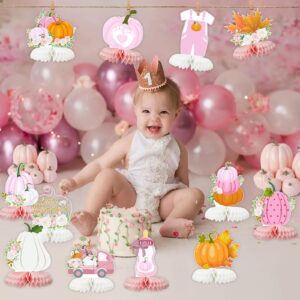 12PCS Little Pumpkin Baby Shower Decorations Honeycomb Centerpiece Fall Party Table Decor for Girls Pink Table Toppers Honeycomb 3D Table Decoration for Baby Shower Birthday Party Supplies