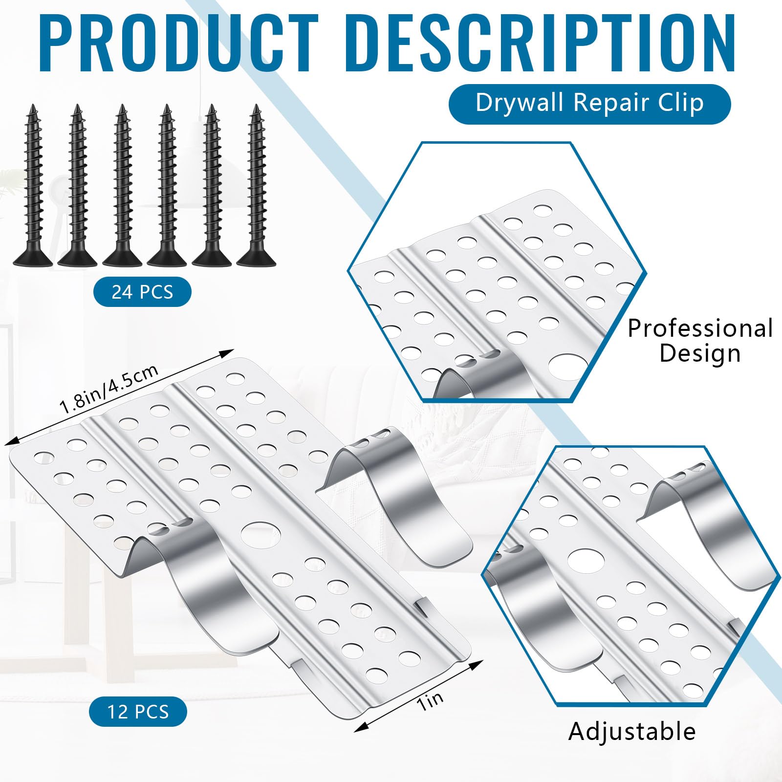 MorningRo 12 Pcs 1/2 Drywall Repair Clips Drywall Fasteners Wall Repair Clips Wall Patch Repair Kit Drywall Repair Solution with 24 Matching Screws for Wall Hole Repair