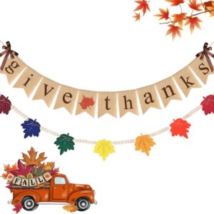 give thanks banner, 2 pcs thanksgiving burlap bunting with bows and felt fall leaves wood bead garland autumn maple friendsgiving decorations for fireplace mantel office classroom party hanging decor