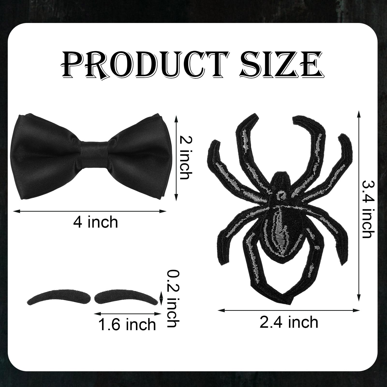 Watersay 3 Pcs Halloween Cosplay Accessories for Kids Include Black Spider Patch Fake Mustache Adjustable Neck Bow Tie for Halloween Cosplay Parties Masquerade Supplies