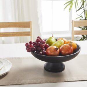 VHC Brands Ribbed Black Wooden Fruit Bowl 5.5x12x12, Kitchen Decor, Decorative Wooden Pedestal Bowl, Perfect Centerpiece for Table, Island, or Counter