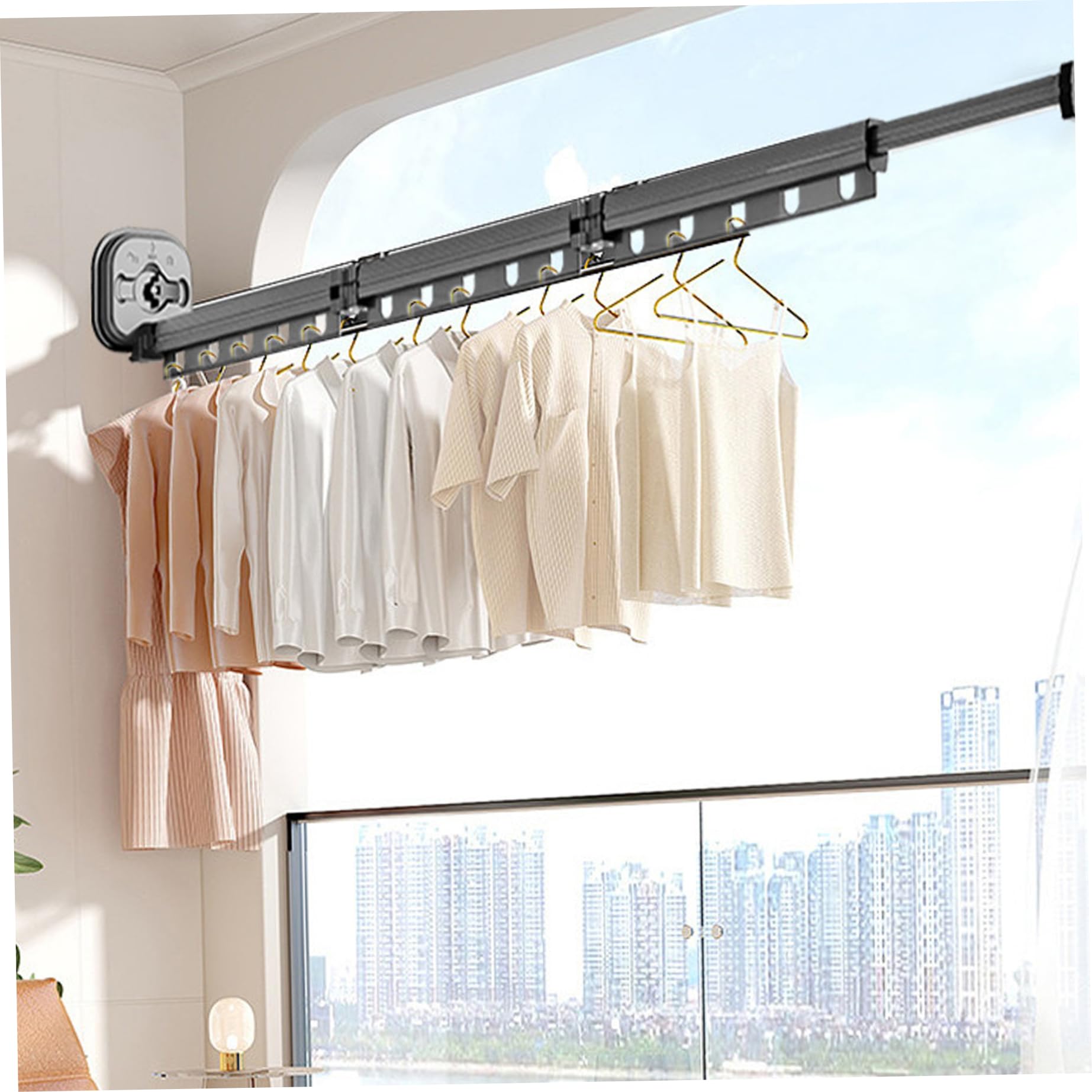 Peosaard Wall Mounted Drying Rack with Suction Cup, Collapsible Drying Rack, Retractable Laundry Clothes Drying Rack with 5 Hooks,3 Fold Aluminum Wall Airer for Balcony, Bathroom