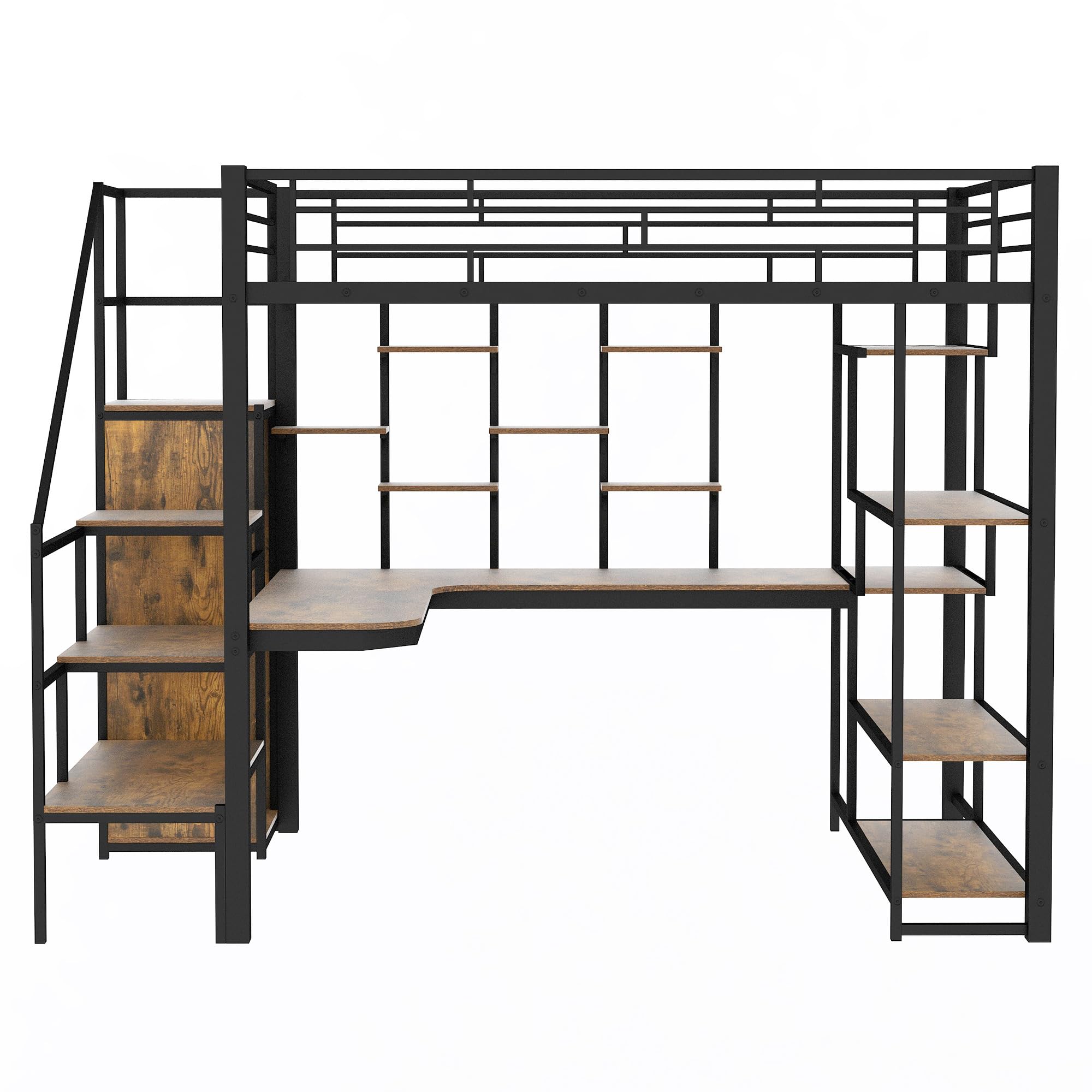 Full Size Metal Loft Bed with Storage Staircase and Small Wardrobe, Heavy Duty Loft Bed Frame with Built-in Desk and Storage Shelves for Kids Teens Boys Adults, Maximize Space Saving (Black-7.17)