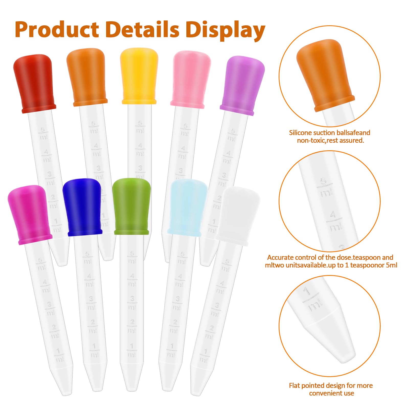 CXIIPOL 60PCS 5ml Liquid Dropper with a Clean Brush, 10 Color Silicone Liquid Dropper with Bulb Tip, Clear Eye Dropper Medicine Dropper for Kid Crafts Mold Gummy Making Kitchen Oil Science