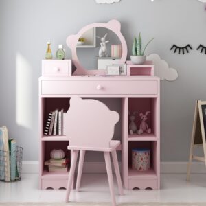 GarveeHome Kids Vanity, 2 in 1 Princess Makeup Desk & Chair Set with Drawers, Storage Shelves, Toddler Dressing Table, Pretend Play Vanity Set for Little Girls, Pink