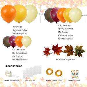 Fall Thanksgiving Balloon Arch Kit Yellow Orange Burgundy Brown Balloons Garland with Maple Leaves for Baby Shower Birthday Wedding Party Decorations