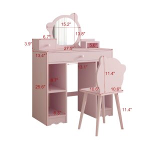 GarveeHome Kids Vanity, 2 in 1 Princess Makeup Desk & Chair Set with Drawers, Storage Shelves, Toddler Dressing Table, Pretend Play Vanity Set for Little Girls, Pink