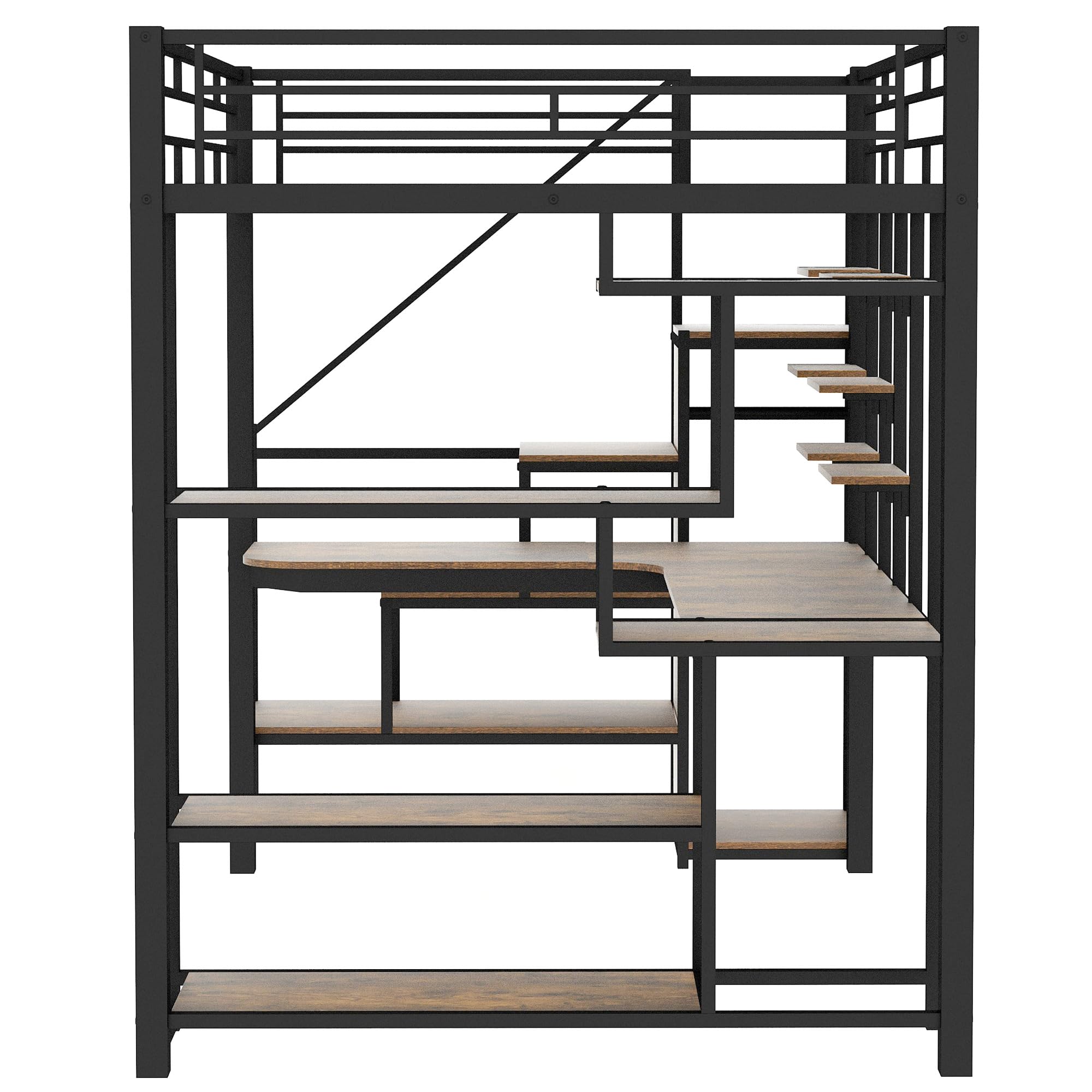 Full Size Metal Loft Bed with Storage Staircase and Small Wardrobe, Heavy Duty Loft Bed Frame with Built-in Desk and Storage Shelves for Kids Teens Boys Adults, Maximize Space Saving (Black-7.17)