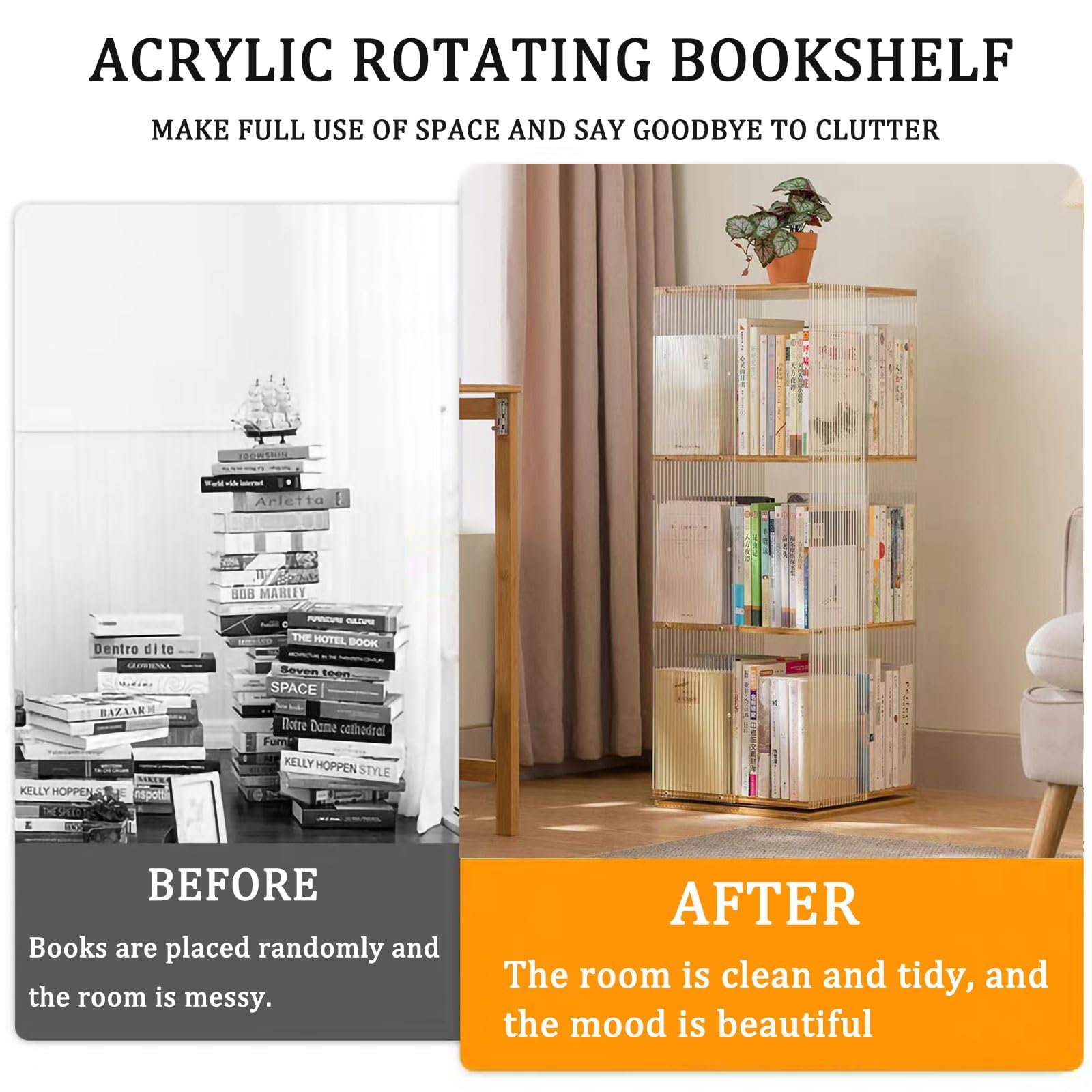 Huazzzyi Acrylic Rotating Bookshelf, 3 Tier Acrylic Book Tower 360 Rotating Bookshelf, 37IN Rotating Book Shelf Acrylic for Living Room, Study Room