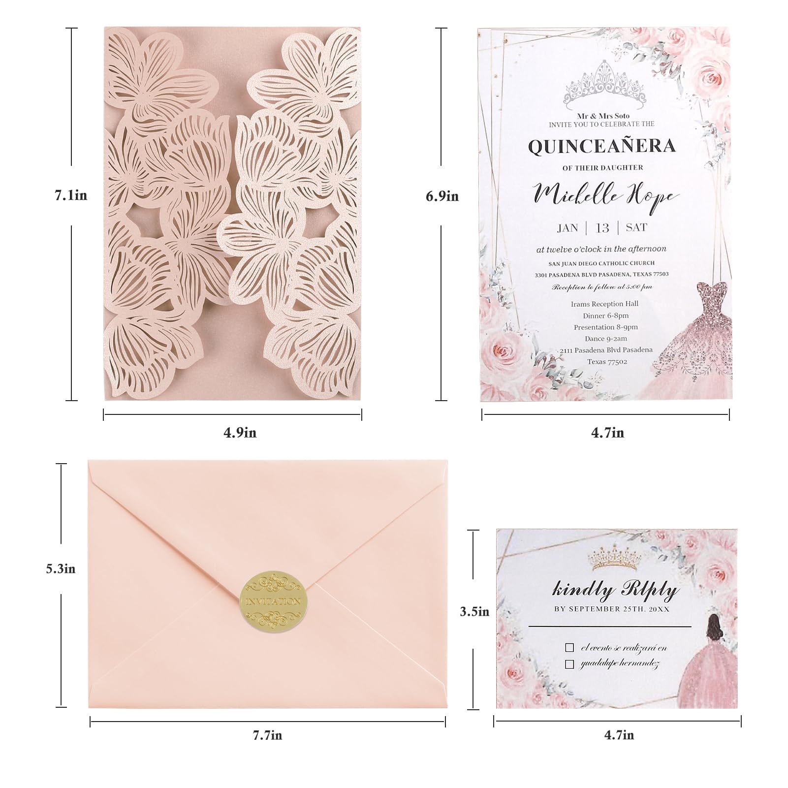 50pcs Pink Wedding Invitations Personalized with Envelopes and RSVP Cards Blank Laser Cut Hollow Flower Invitation Kits Butterfly Invitations for Engagement Wedding Birthday Party Bridal Shower