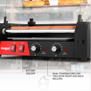 Awgpd Hot Dog Roller 5 Rollers 12 Hot Dogs Capacity, 750W Stainless Sausage Grill Cooker Machine with Dual Temp Control,Removable Drip Tray for Party Home Commercial (5 Roller)