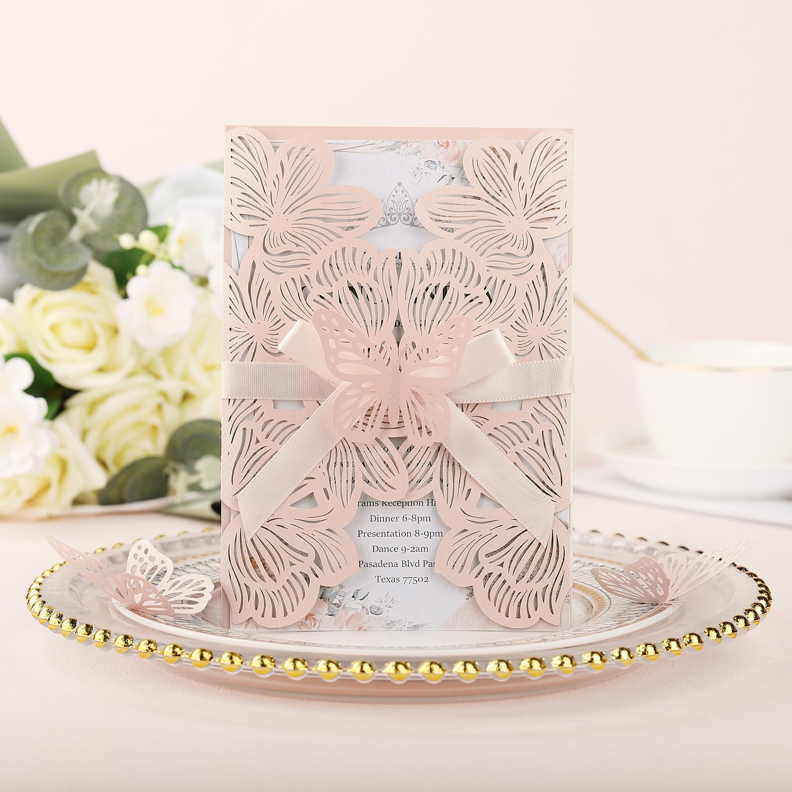 50pcs Pink Wedding Invitations Personalized with Envelopes and RSVP Cards Blank Laser Cut Hollow Flower Invitation Kits Butterfly Invitations for Engagement Wedding Birthday Party Bridal Shower