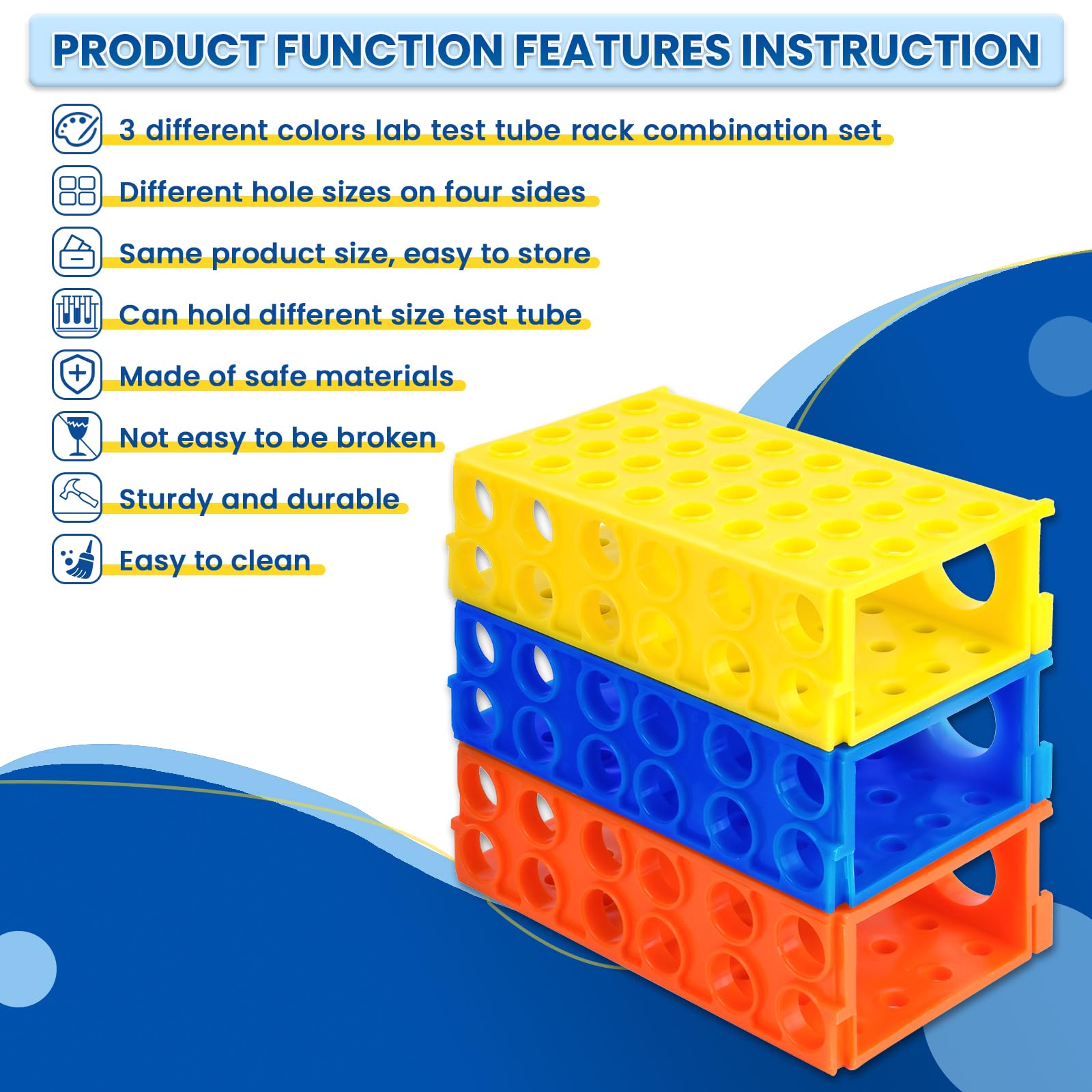 Plastic lab Test Tube Rack lab Tube Holder centrifuge Tube Rack Laboratory Multifunctional Stand Storage (3 Color, 3units 6.73InchX3.74InchX1.96Inch)