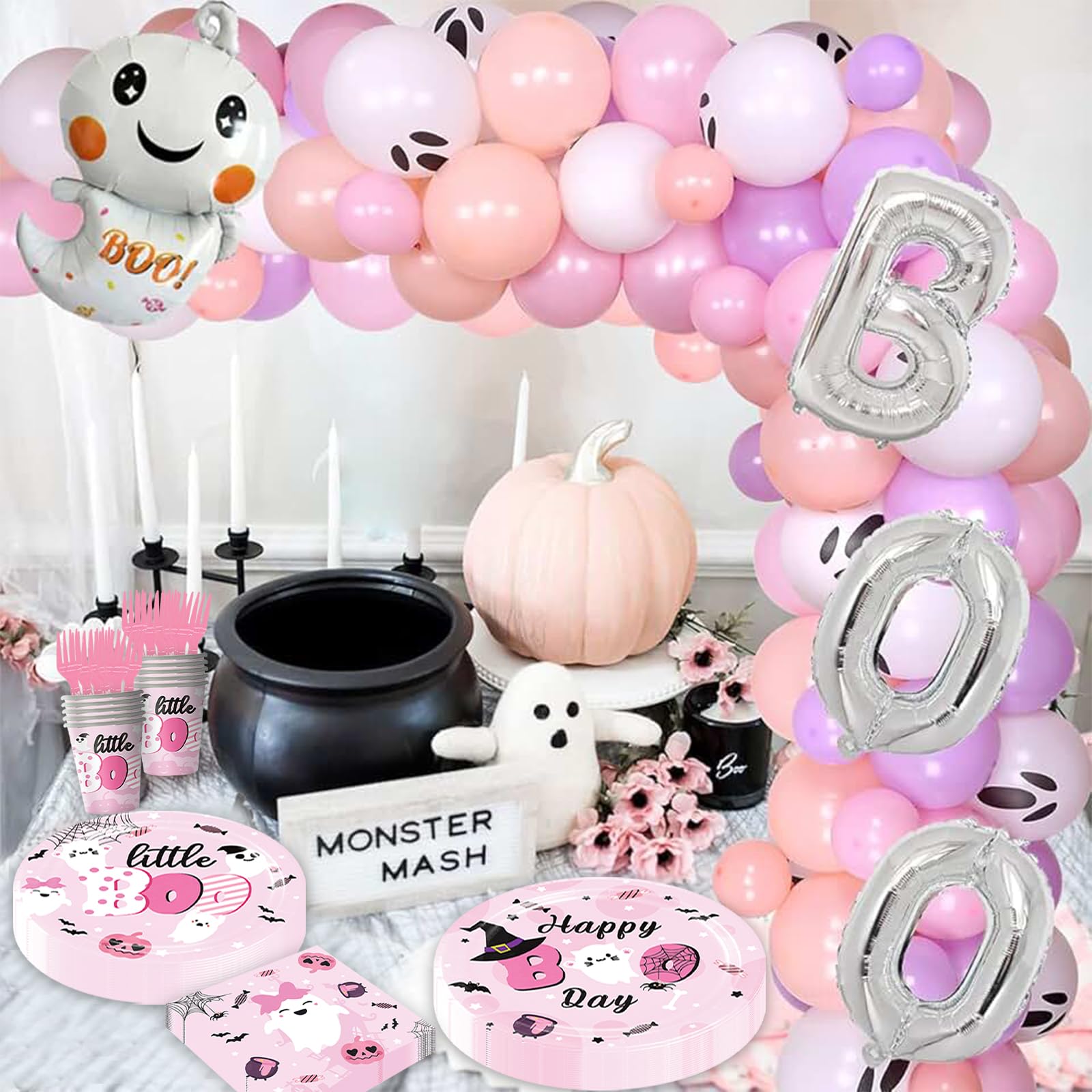 Happy BOO Day Birthday Party Decorations Set, Pink Halloween Birthday Plates,Napkins and Cups,Halloween Birthday Party Decorations for Girl, Girl Halloween Birthday Party Decorations,Serve 20 Guest.