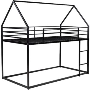 TABBC Twin Over Twin Low Bunk Bed, HouseBed with Ladder, Wood Floor Bedframe for Bedroom, Home, Apartment, Kids, Guest Room