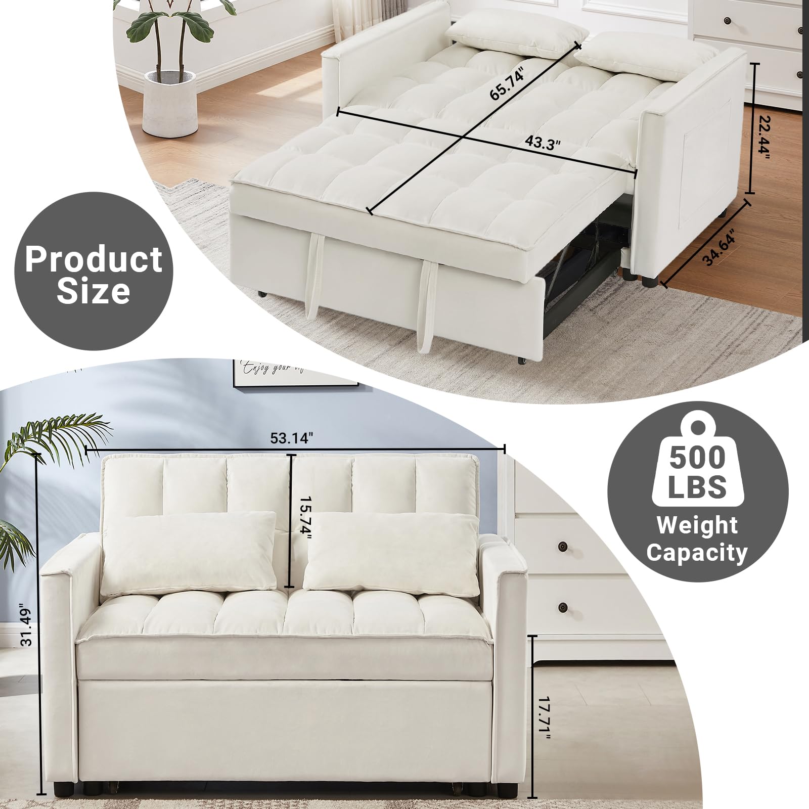 Skepphlay 3 in 1 Convertible Sofa Bed, Pull Out Couch, Loveseat Sleeper with Adjustable Backrest Chaise Lounge with 2 Pockets and 2 Pillows for Living Room Apartment, White