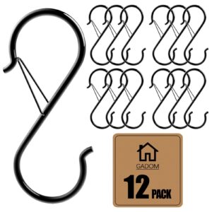 12 pcs s hooks for hanging, 3.5-inch heavy duty metal s hook (safety buckle) ceiling hooks for hanging plants, s hook with clip pot rack hooks, closet hooks and kitchen utensils (black)