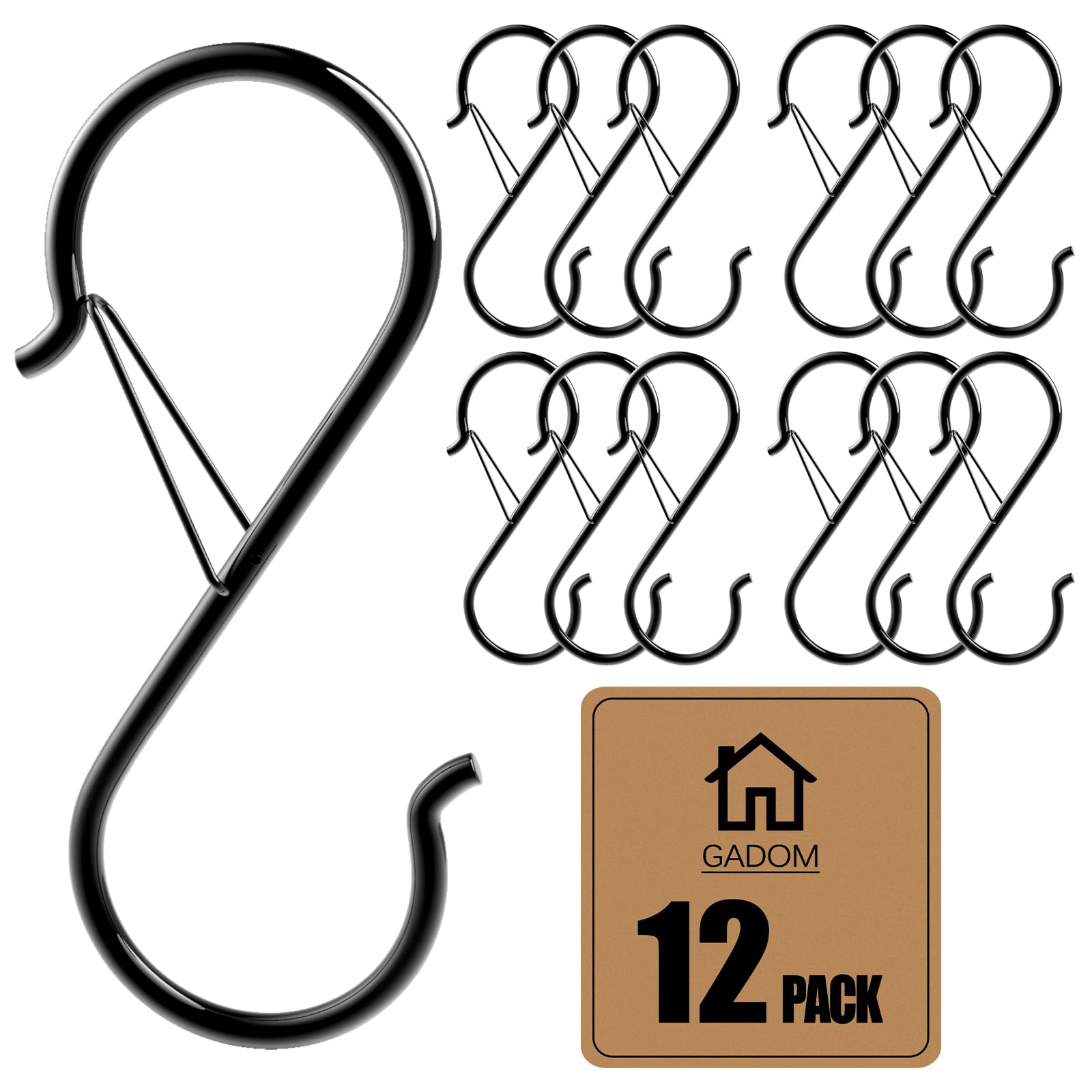 12 Pcs S Hooks for Hanging, 3.5-inch Heavy Duty Metal S Hook (Safety Buckle) Ceiling Hooks for Hanging Plants, S Hook with Clip Pot Rack Hooks, Closet Hooks and Kitchen Utensils (Black)