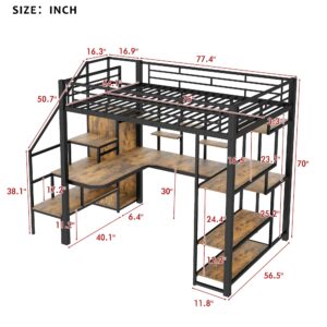 Full Size Metal Loft Bed with Storage Staircase and Small Wardrobe, Heavy Duty Loft Bed Frame with Built-in Desk and Storage Shelves for Kids Teens Boys Adults, Maximize Space Saving (Black-7.17)