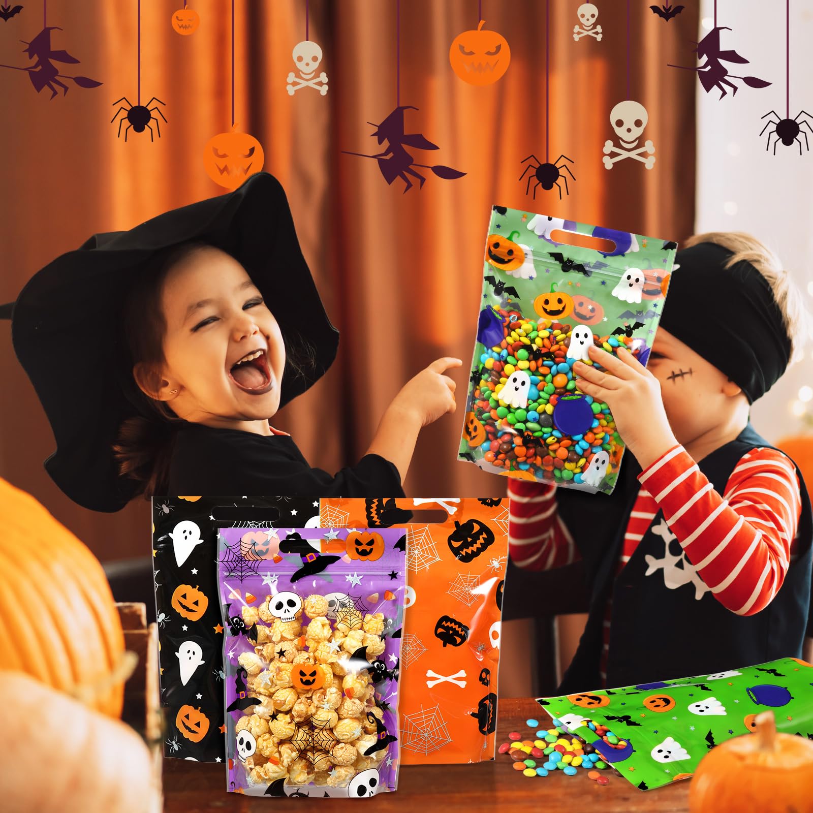 Resholder 60 Pcs Halloween Treat Bags Bulk Plastic Trick or Treat Bags with Handle Pumpkin Witch Hat Ghost Candy Goodie Bags Halloween Party Favor Gift Bags for Kids Birthday Party Supplies