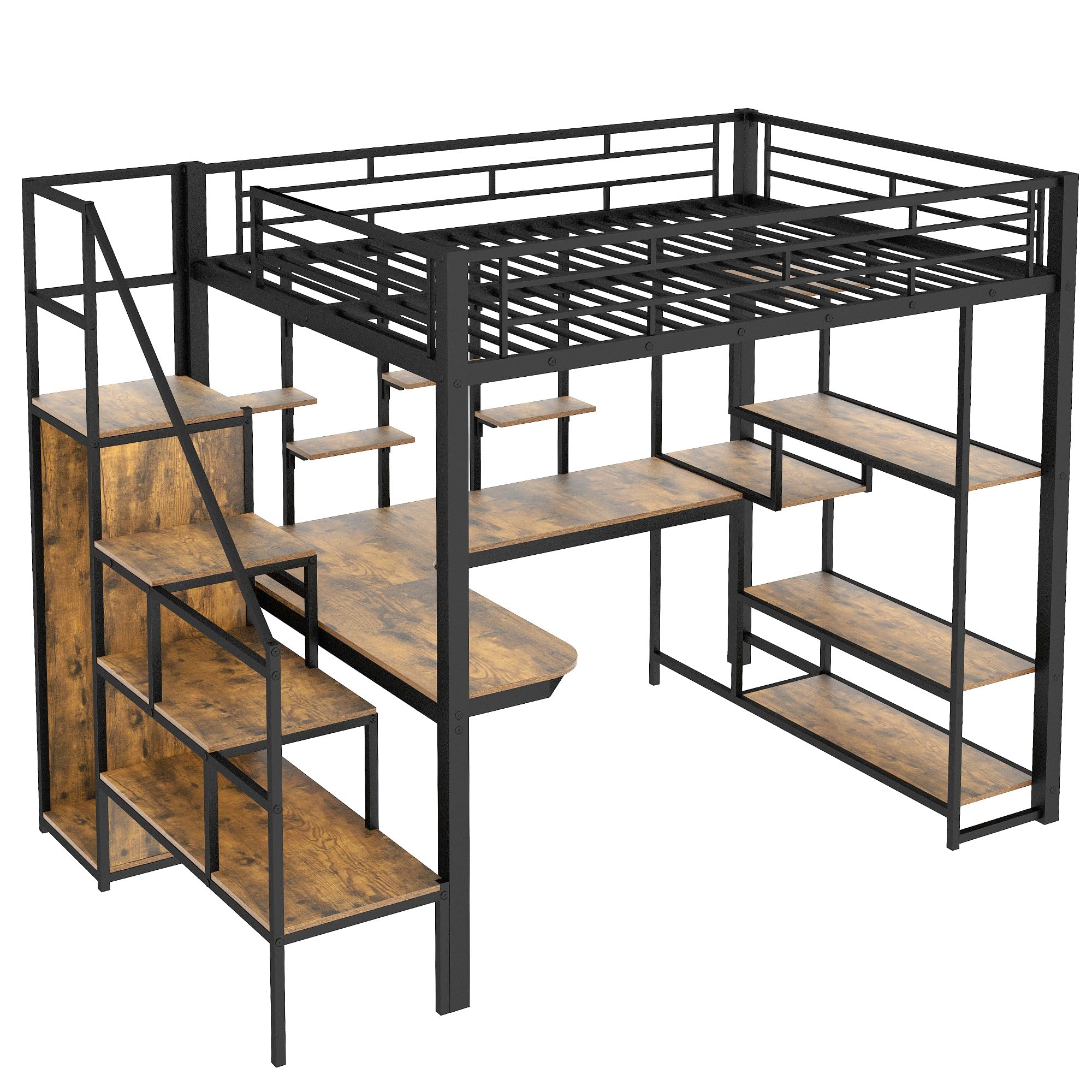 Full Size Metal Loft Bed with Storage Staircase and Small Wardrobe, Heavy Duty Loft Bed Frame with Built-in Desk and Storage Shelves for Kids Teens Boys Adults, Maximize Space Saving (Black-7.17)