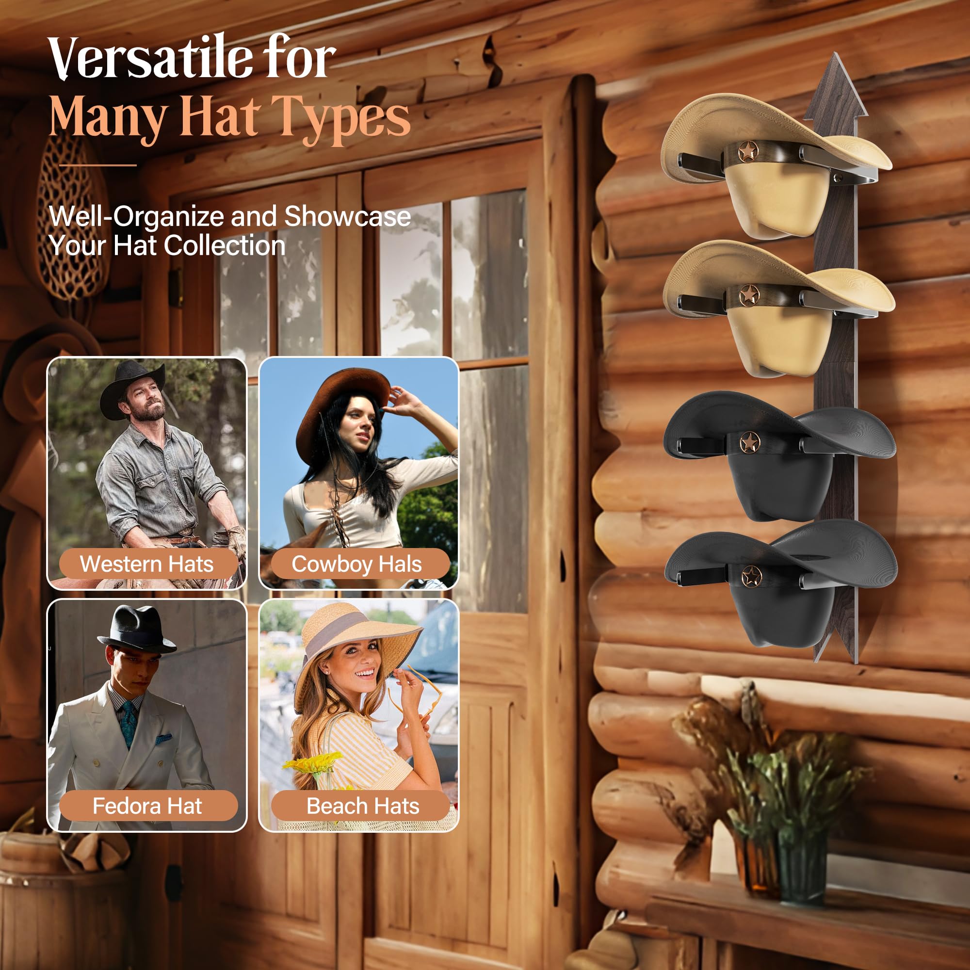 Cowboy Hat Rack for Wall, Cowboy Hat Holder Wall Mount Holds up to 4 Hats, Wooden Western Rustic Metal Cowboy Hat Hanger with Arrow Sign Board, Hat Organizer for Cowboy Hat, Fedora,Sun Hats (1 Pack)