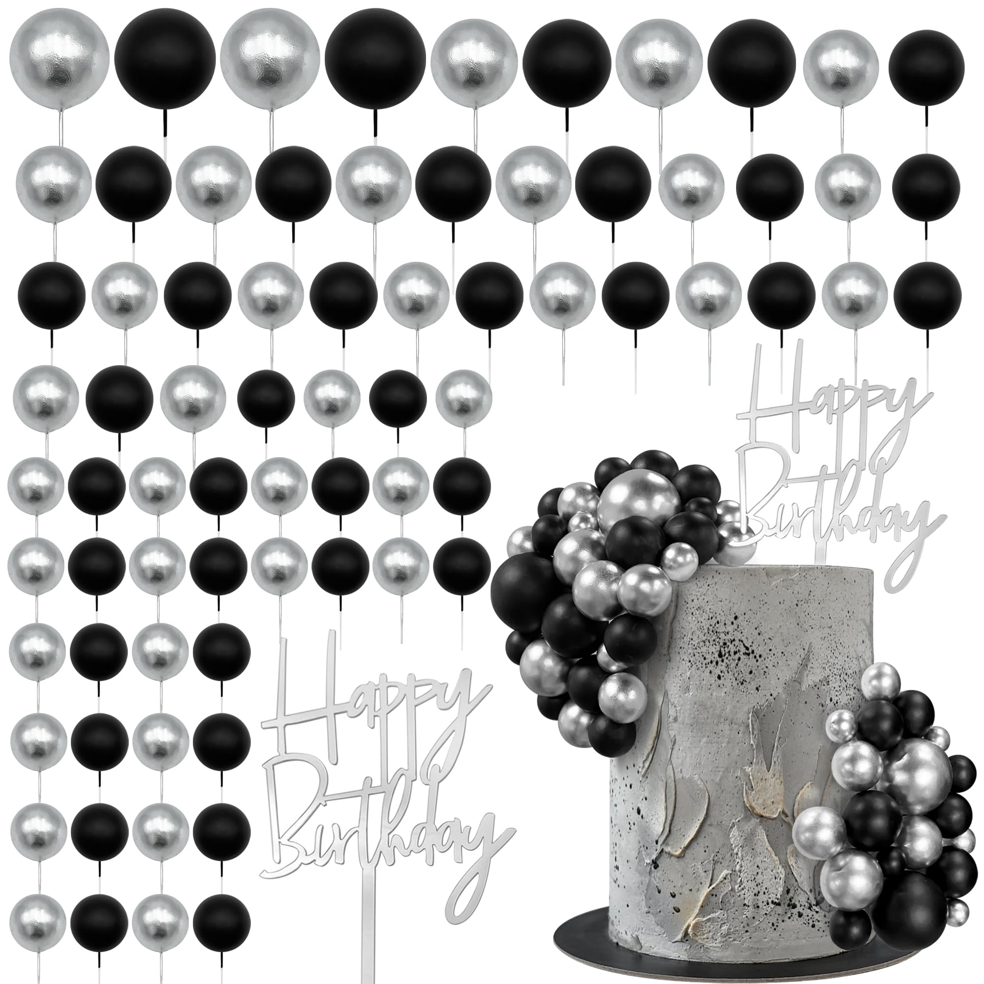 75 PCS Black and Silver Cake Decorations Balls Cake Topper Happy Birthday Cake Insert Pick for DIY Cake Decoration Baby Shower Wedding Birthday Party (Black and Silver)