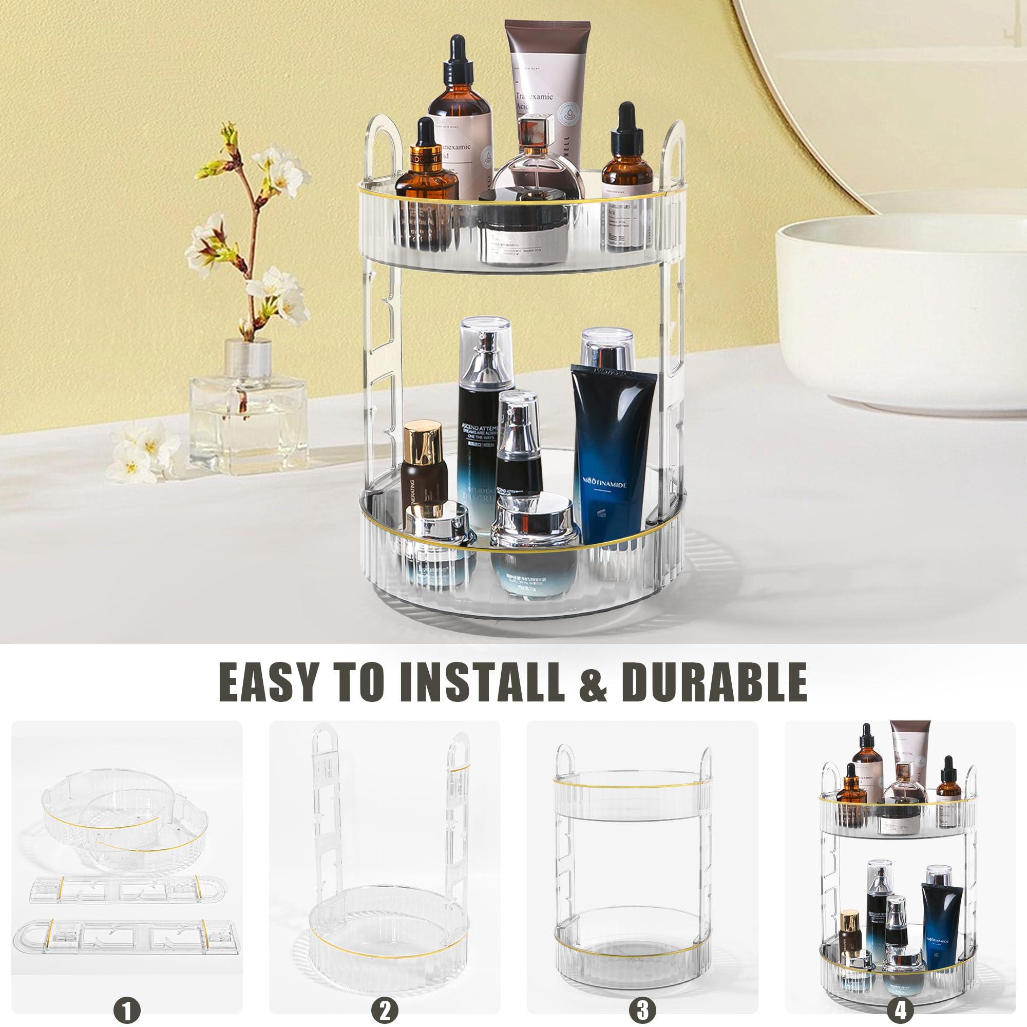 TENDER EPOCH 360 Rotating Makeup Organizer for Vanity,High-Capacity Cosmetics Skincare Organizers and Storage, Bathroom Countertop Organizer Spinning Perfume Organizer - 2 Tier - Clear