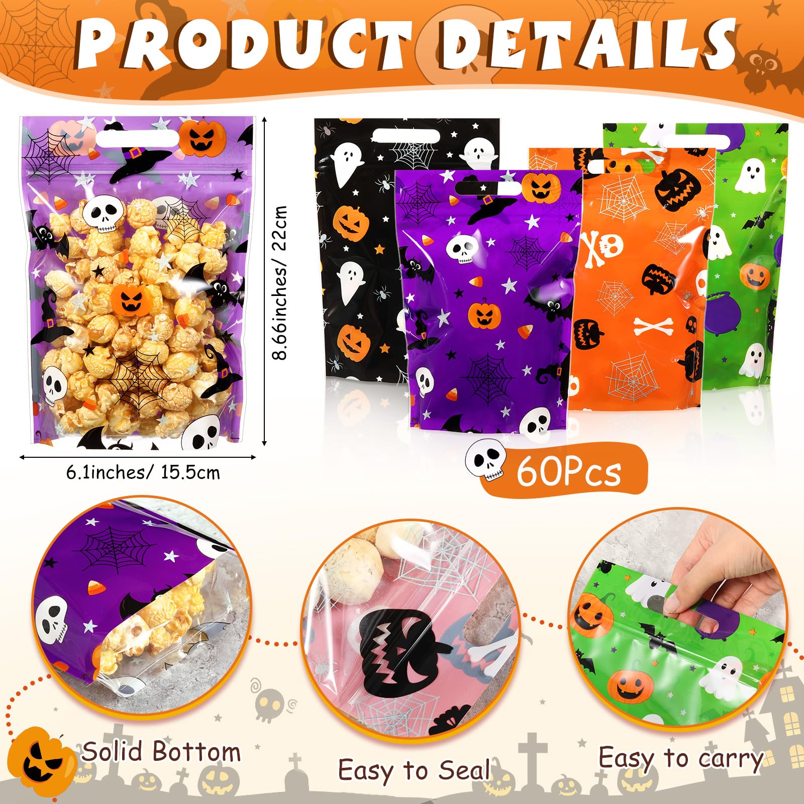 Resholder 60 Pcs Halloween Treat Bags Bulk Plastic Trick or Treat Bags with Handle Pumpkin Witch Hat Ghost Candy Goodie Bags Halloween Party Favor Gift Bags for Kids Birthday Party Supplies