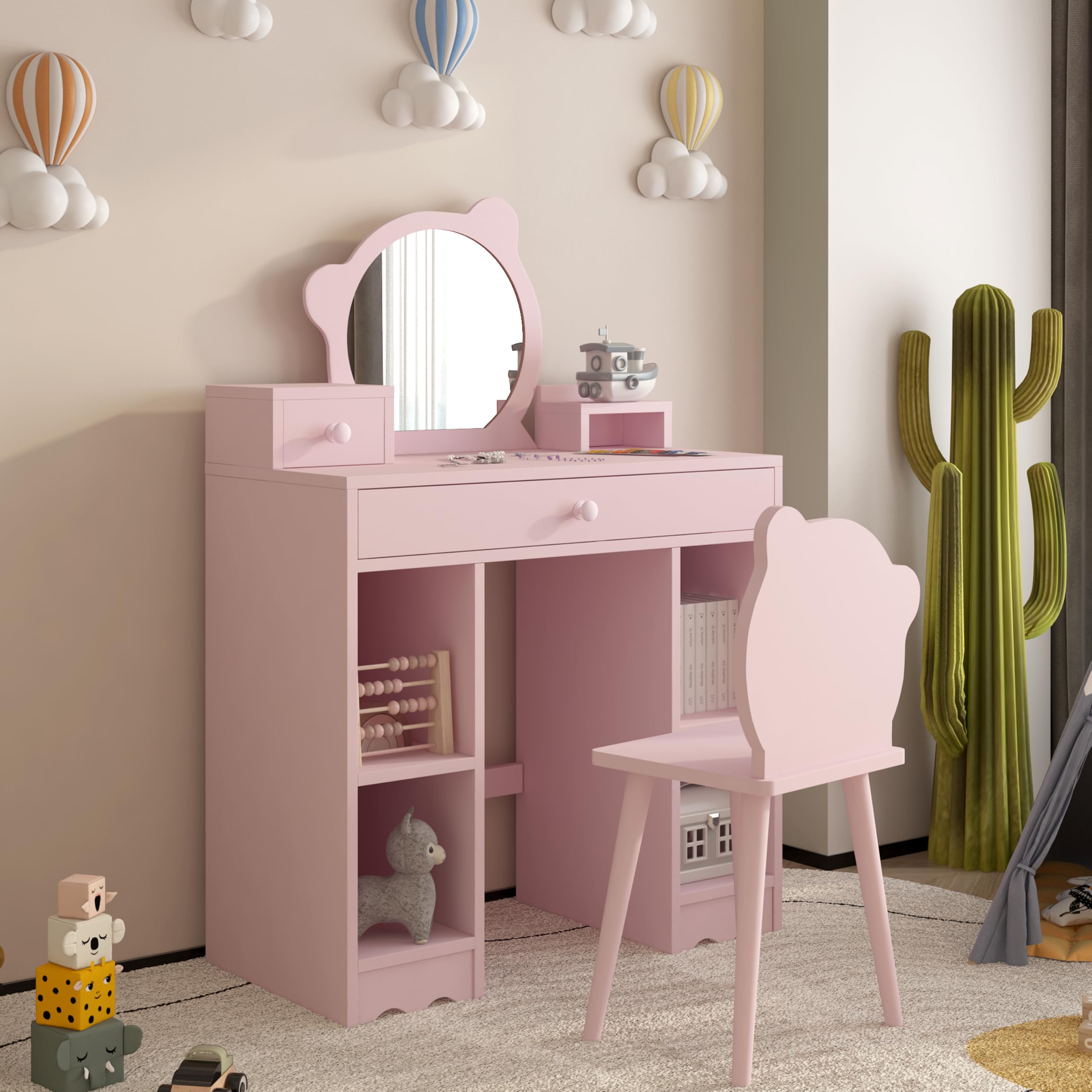 GarveeHome Kids Vanity, 2 in 1 Princess Makeup Desk & Chair Set with Drawers, Storage Shelves, Toddler Dressing Table, Pretend Play Vanity Set for Little Girls, Pink