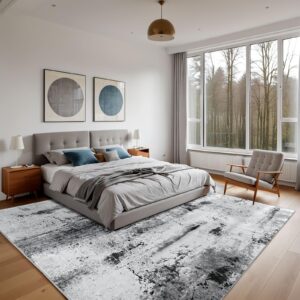 Washable Abstract Area Rug, 5x7 Grey Modern Living Room Rug, Non-Slip Non-Shedding Bedroom Rug, Indoor Rugs, Stain Resistant Rug for Dining Room, Bedside, Kitchen, Entryway and Dorm