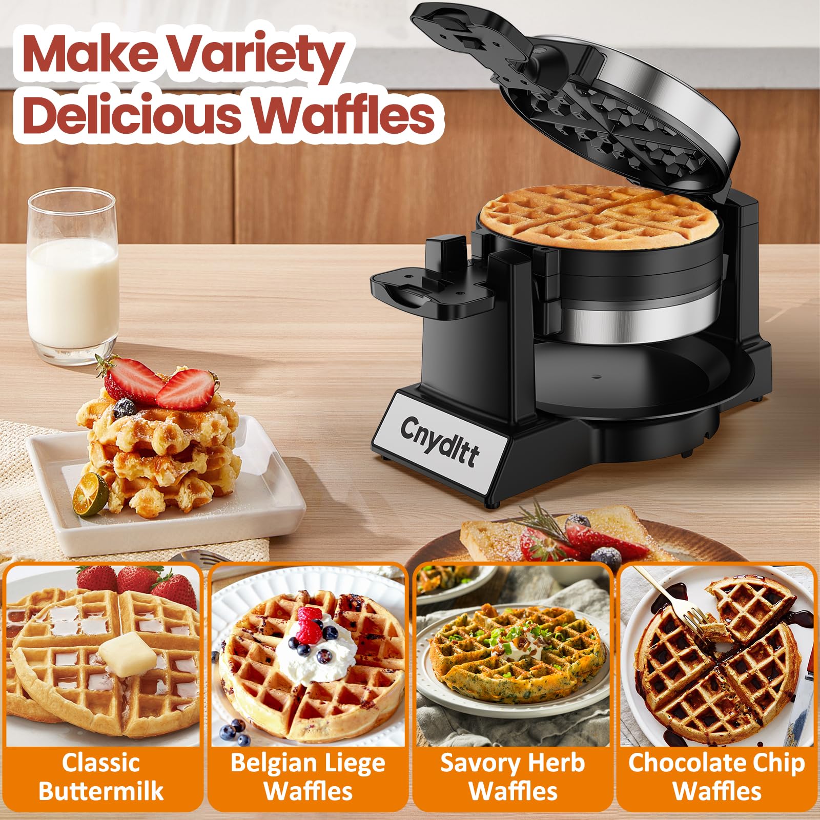 Cnydltt Double Waffle Maker, 1400W Rotating Belgian Waffle Iron with Nonstick Plates, 180° Flip, 8-Slice, Removable Drip Tray, Locking Lid & Cool Touch Handles, Stainless, Black