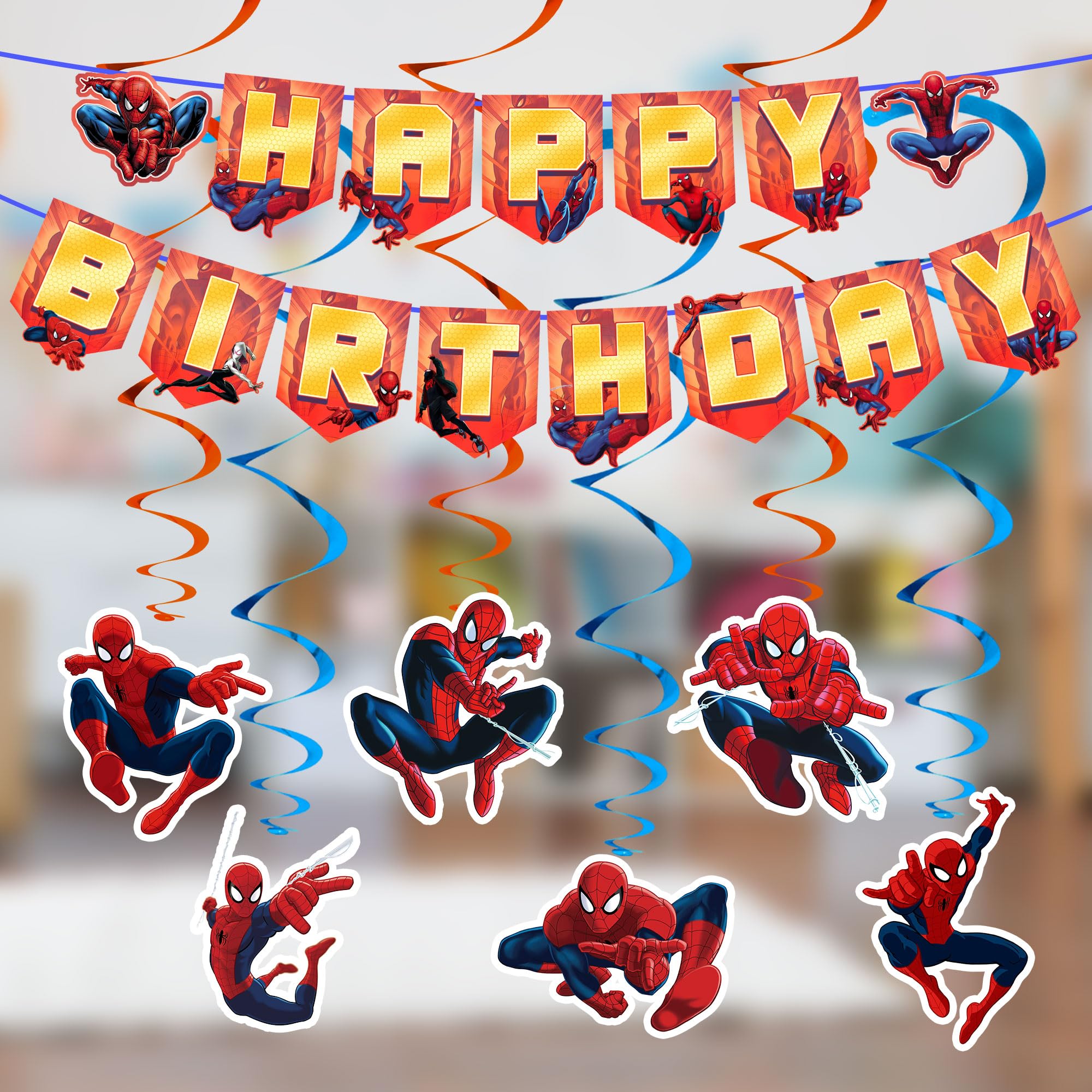 Birthday Party Supplies,Spider Theme Style Party Decorations Include Happy Birthday Banner,Backdrop,Tablecover,Cake Toppers,Cupcake Toppers,Spiral Charms and Latex Balloons Set