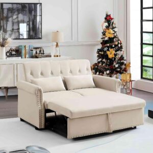 anwick modern velvet sleeper sofa bed,3 in 1 convertible futon sofa pull out couch bed w/adjustable tufted button backrest,55''recliner loveseat for living room bedroom office (beige, 55'')