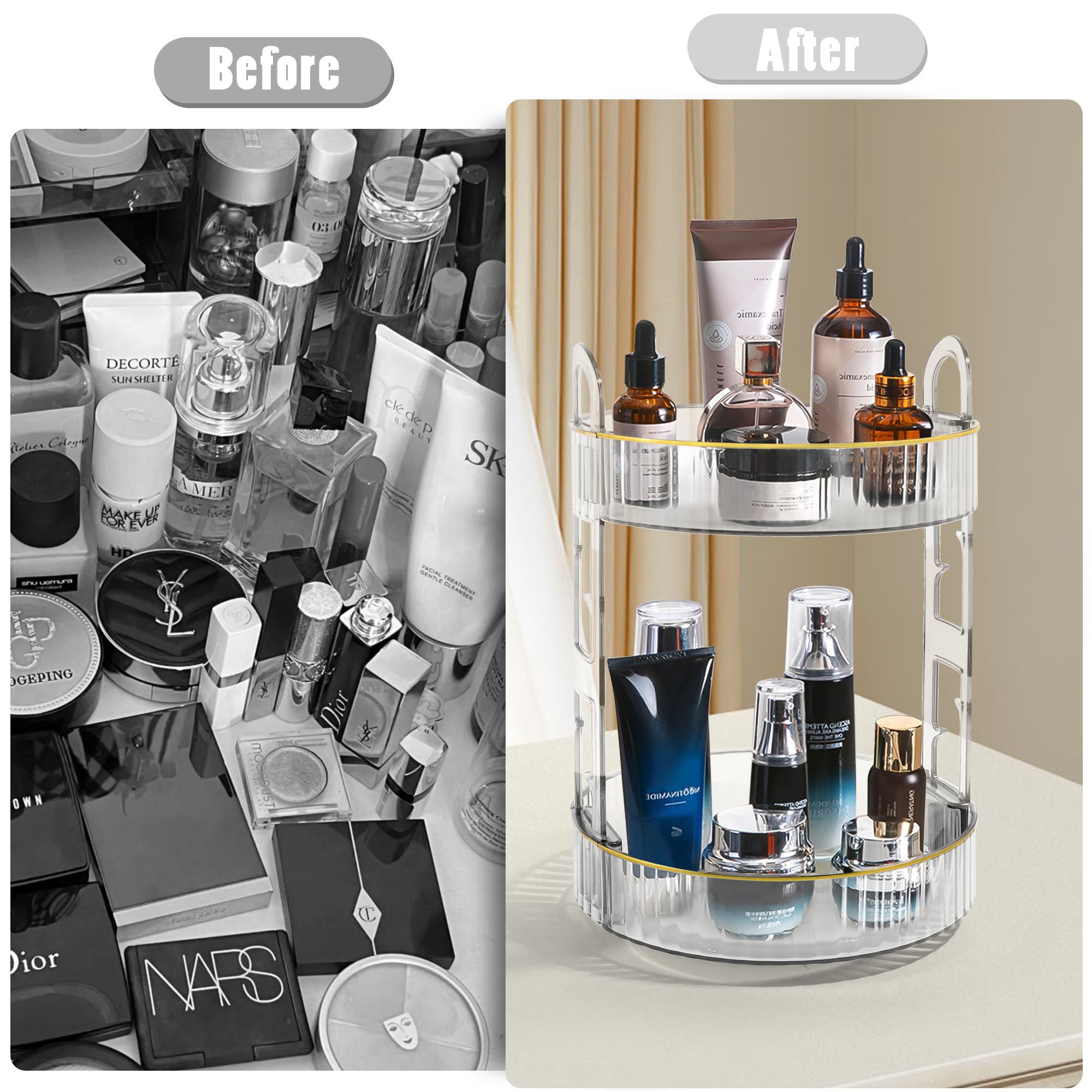 TENDER EPOCH 360 Rotating Makeup Organizer for Vanity,High-Capacity Cosmetics Skincare Organizers and Storage, Bathroom Countertop Organizer Spinning Perfume Organizer - 2 Tier - Clear