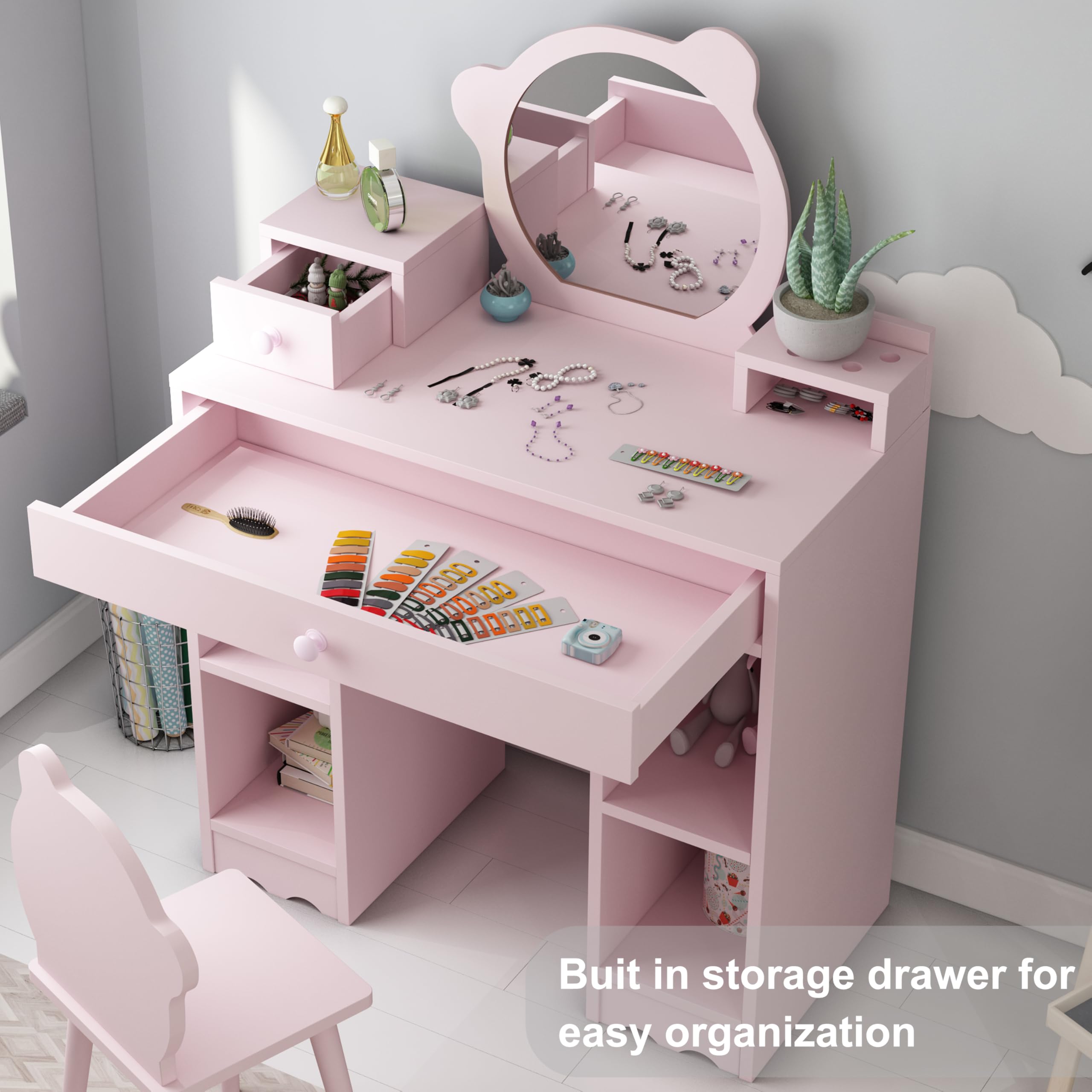 GarveeHome Kids Vanity, 2 in 1 Princess Makeup Desk & Chair Set with Drawers, Storage Shelves, Toddler Dressing Table, Pretend Play Vanity Set for Little Girls, Pink