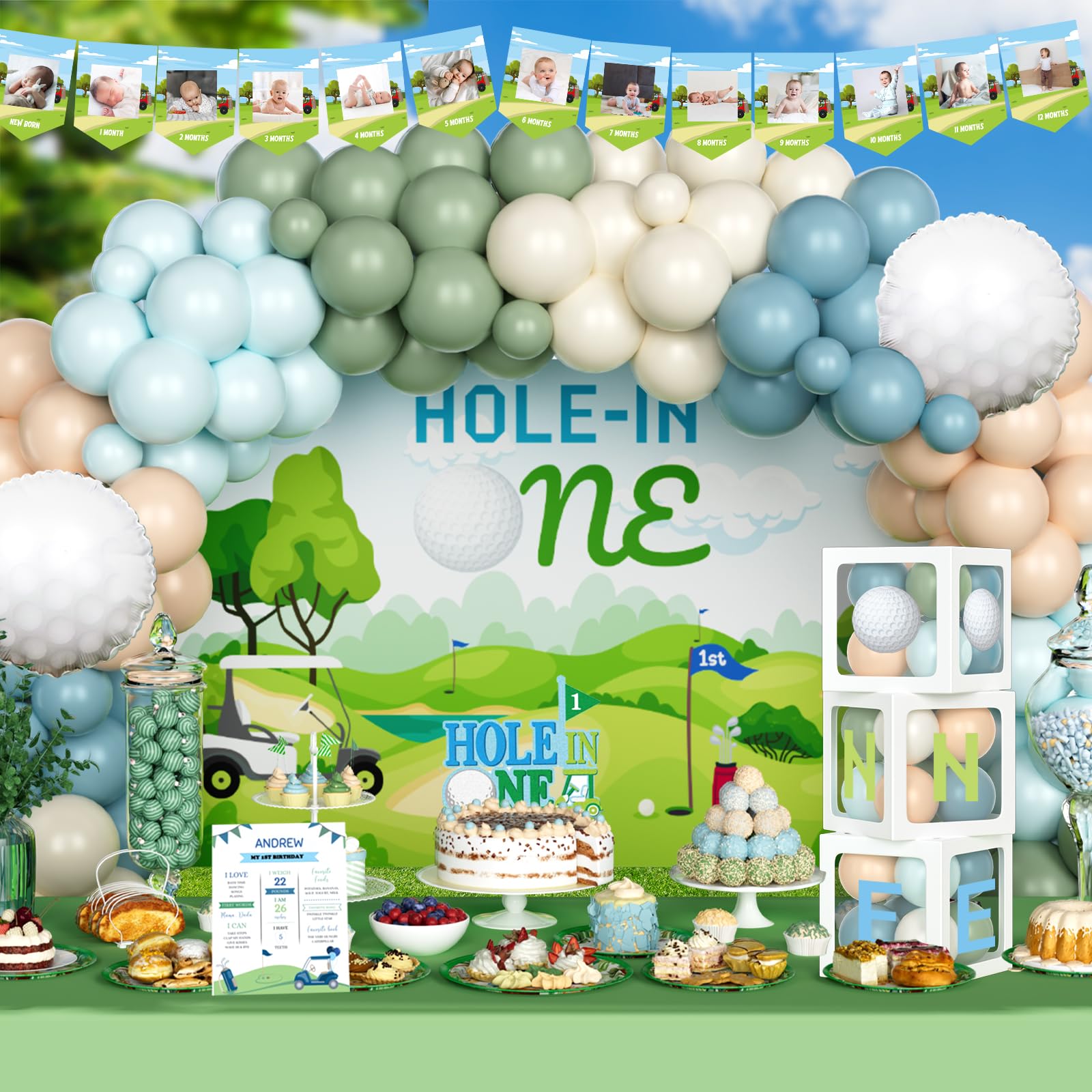 Hombae Hole in One Birthday Party Decorations, Golf First Birthday Decorations, 1st Birthday Decorations Boys, Golf Themed Backdrop Balloon Garland Banner Cake Topper Crown Poster Boxes Cutout