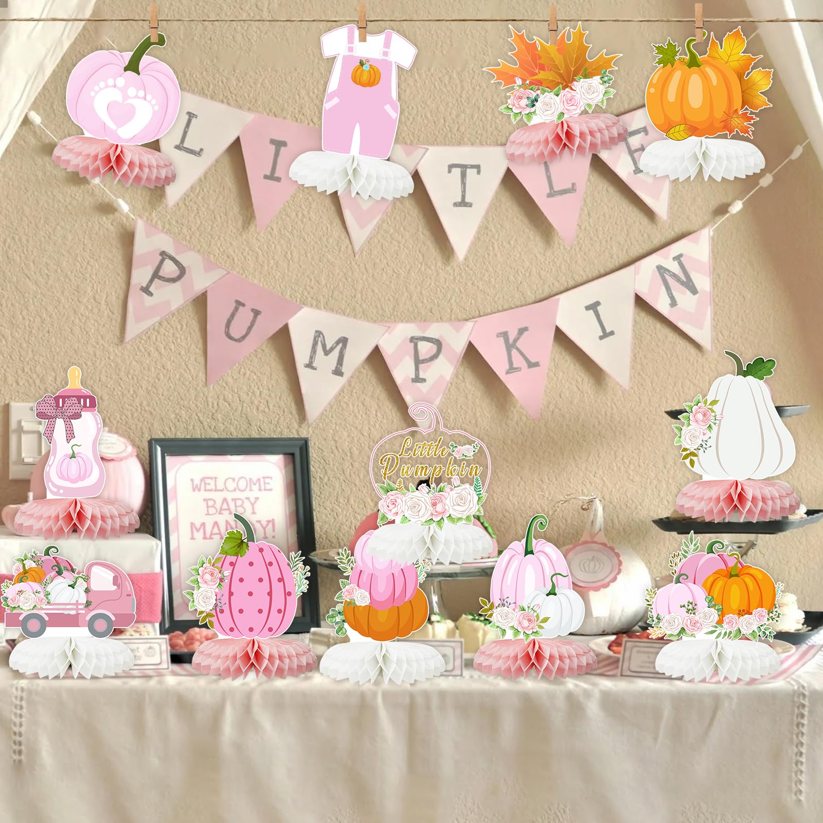 12PCS Little Pumpkin Baby Shower Decorations Honeycomb Centerpiece Fall Party Table Decor for Girls Pink Table Toppers Honeycomb 3D Table Decoration for Baby Shower Birthday Party Supplies