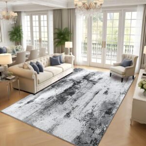 Washable Abstract Area Rug, 5x7 Grey Modern Living Room Rug, Non-Slip Non-Shedding Bedroom Rug, Indoor Rugs, Stain Resistant Rug for Dining Room, Bedside, Kitchen, Entryway and Dorm