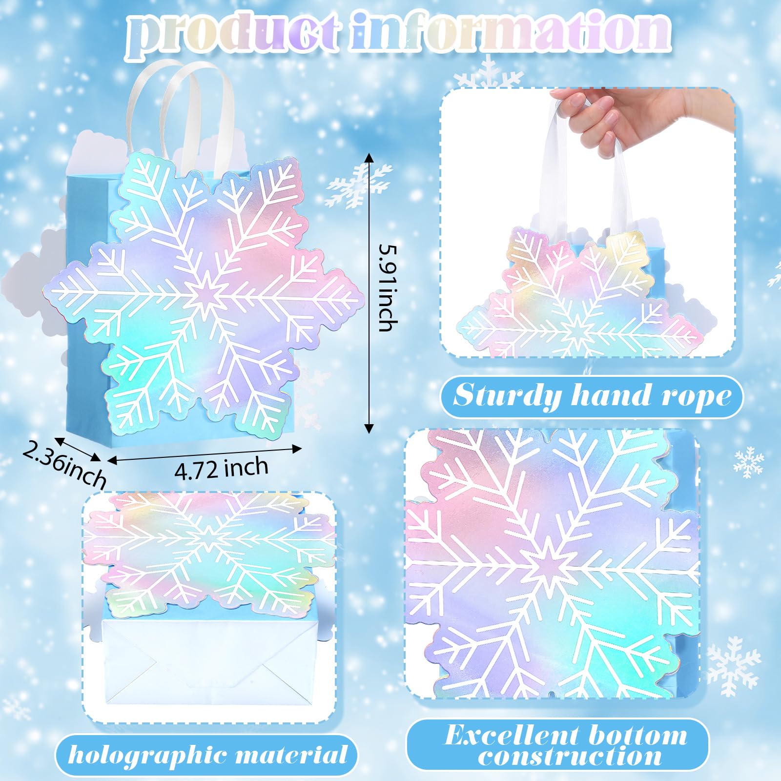 Kolldenn Christmas Iridescent Snowflake Gift Bags Holographic Frozen Goodie Bags Snowflake Party Favors Bags Winter Paper Bags with Handles for Xmas Winter Holiday Birthday(12 Pack)