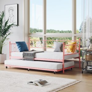 garveehome twin metal daybed with trundle, premium steel slat support, space saving trundle sofa bed for living room, bedroom and guest room, pink