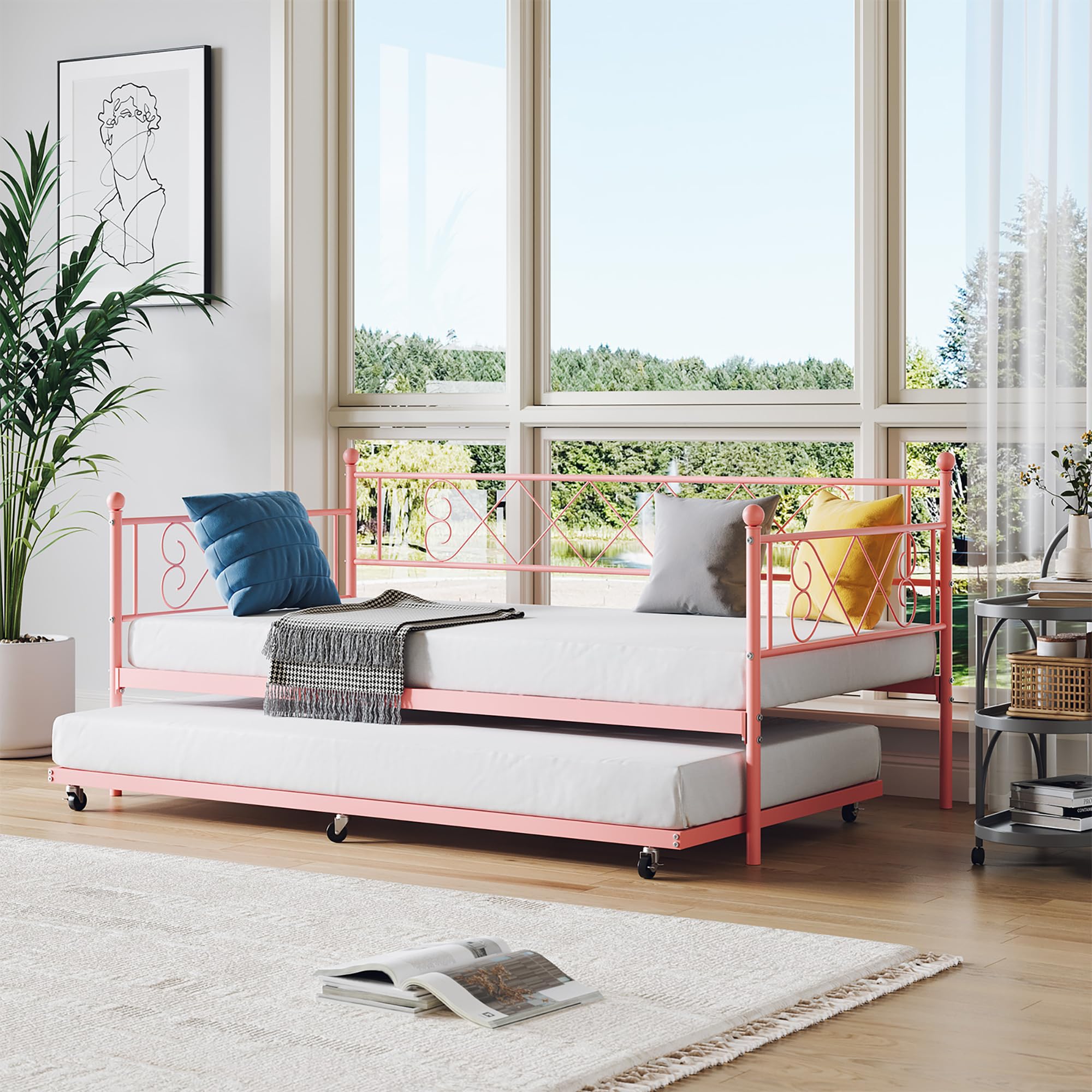 GarveeHome Twin Metal Daybed with Trundle, Premium Steel Slat Support, Space Saving Trundle Sofa Bed for Living Room, Bedroom and Guest Room, Pink