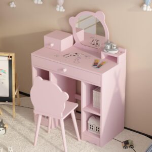 GarveeHome Kids Vanity, 2 in 1 Princess Makeup Desk & Chair Set with Drawers, Storage Shelves, Toddler Dressing Table, Pretend Play Vanity Set for Little Girls, Pink