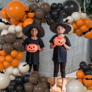 Halloween Balloon Garland Kit 124Pcs Orange Black Sand White Brown Balloons Arch with Wizard Hat 3D Bat Sticker Decoration Set for BOO Halloween Party Decorations