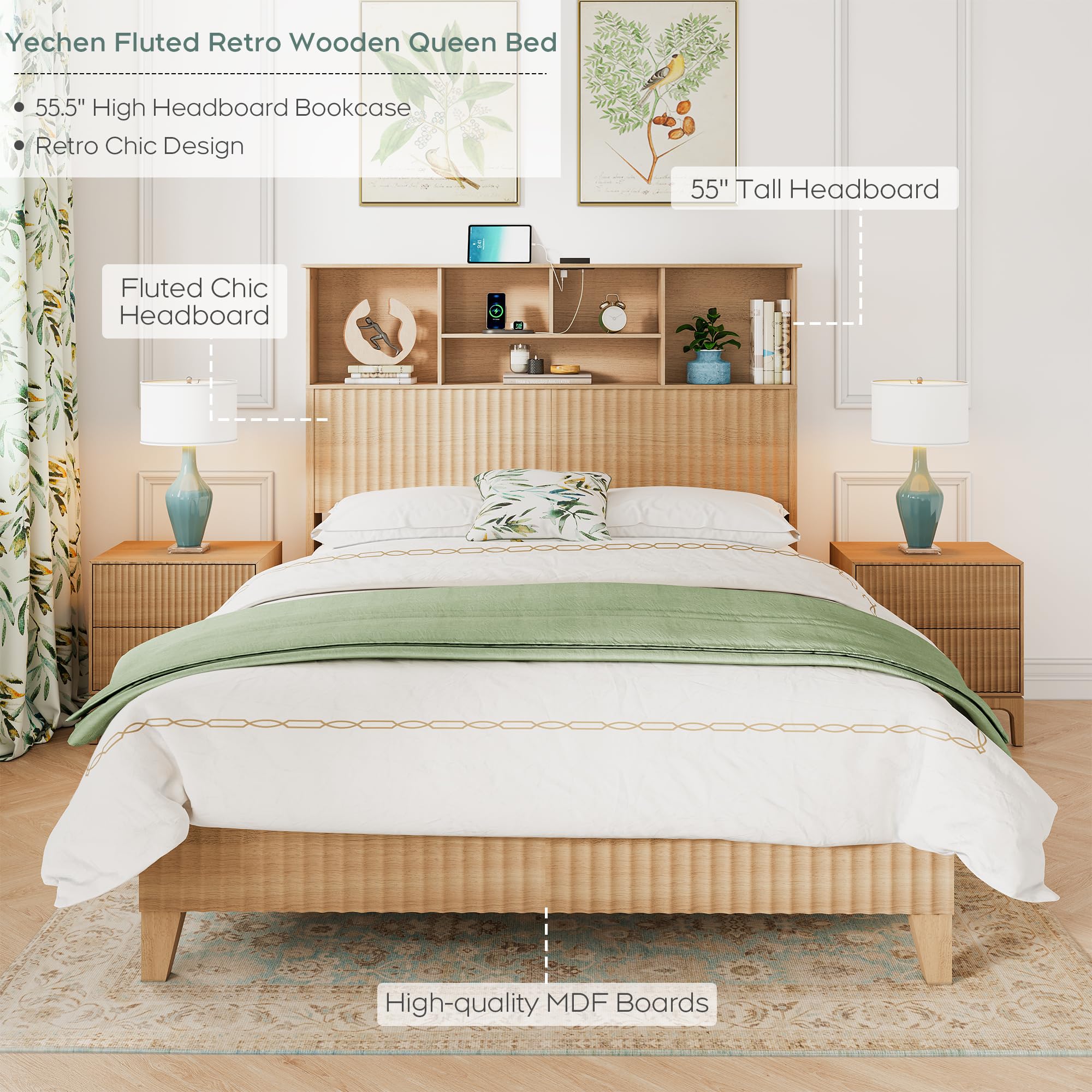 Yechen Retro Fluted Queen Bed with Storage Headboard & Charging Station, 55.5" Tall Natural Wooden Metal Platform Bed with Solid Wood Legs, Sturdy Wood Slats Support, Noise Free, No Box Spring Needed