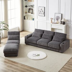 Convertible Sectional Couch Modular Sofa with Movable Ottoman,126" Upholstered Corduroy L Shaped Couch with USB Port&Cup Holder,Oversized Comfy Cloud Couch,Modern Sofa for Living Room(4 Seater,Grey)