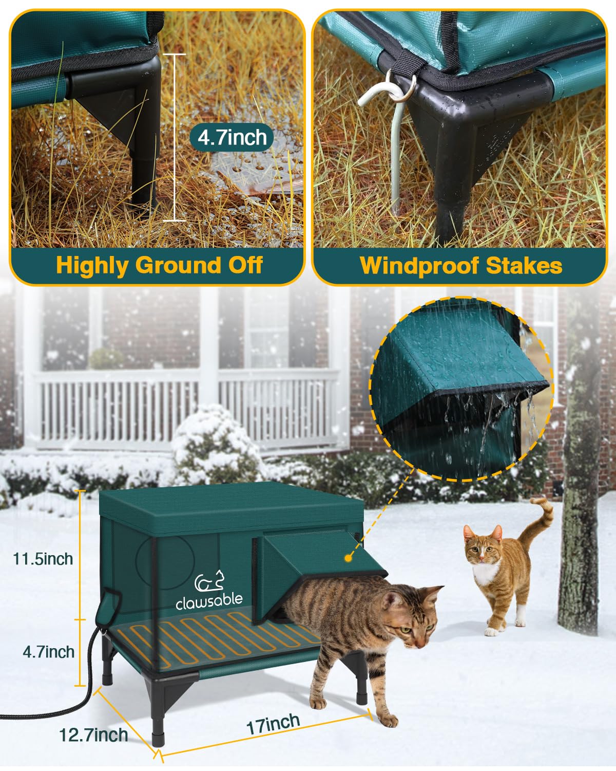 Clawsable Premium Heated Cat House for Outside Winter, 100% Weatherproof, Safe Escape Door, Insulated Outdoor Cat House Shelter with Heater for Feral Barn Cat Kitty (Dark Forest Green, Small)