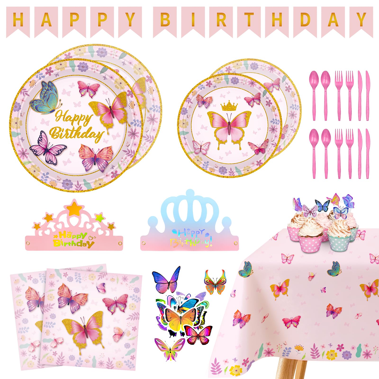 Butterfly Birthday Decorations Tableware Set,192 PCS Butterfly Birthday Party Supplies Serves 24 with Plates Napkins Tablecloth Cupcake Toppers and Banner for Butterfly Girl Birthday Party Decorations