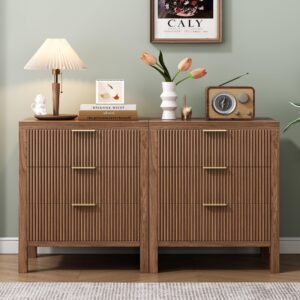 JZXSHD Nightstand with 6 Drawers, Dresser and Nightstand Sets, Bedside Tables, Mid Century Nightstands with 6 Wide Drawers for Bedroom, Kids’ Room, Hallway, （Walnut X 2pcs）