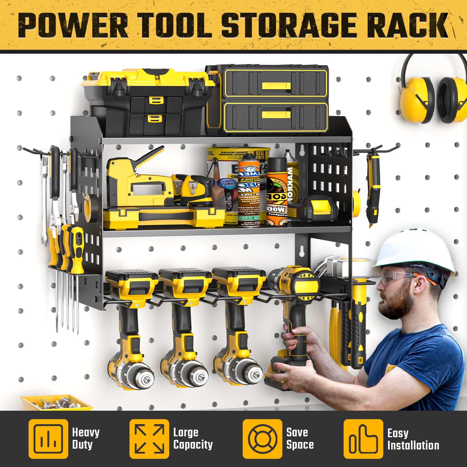 Spacecare Power Tool Organizer, Drill Holder Wall Mount with 2 Side Pegboards with Hooks, 3 Layer Garage Organization Floating Cordless Heavy Duty Tool Organizers Utility Rack for 4Drill Holders Black